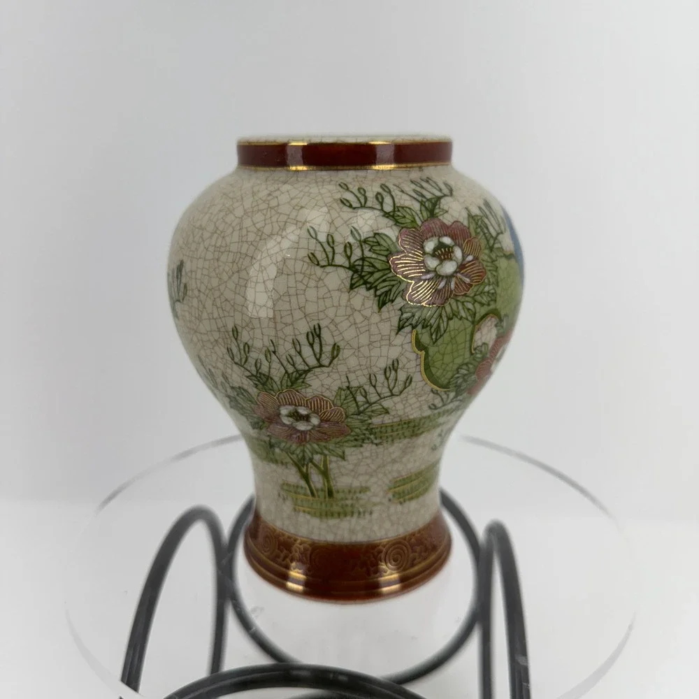 Vintage Kutani Porcelain Crackle Glaze Vase Peacock Floral Gold Trim Asian Style